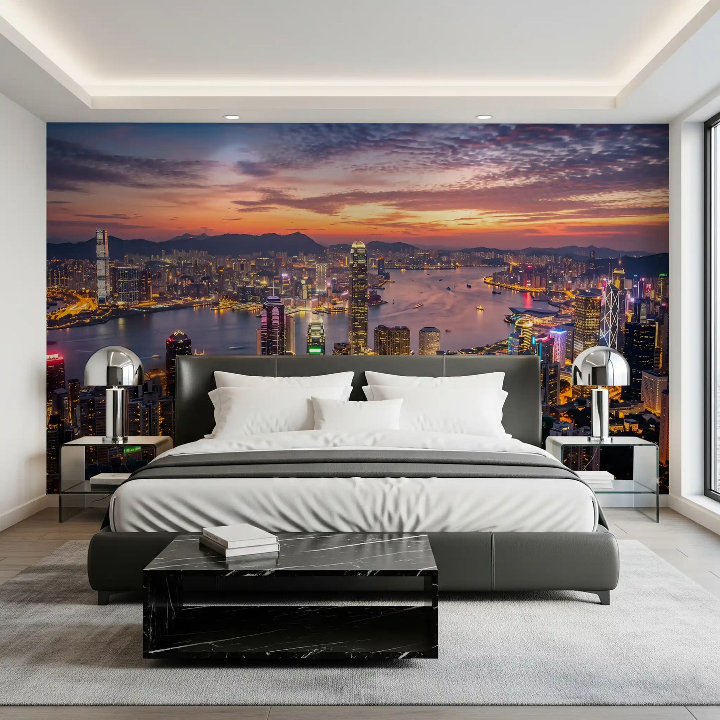Bedroom Victoria Harbour Twilight Wall Mural featuring evening city skyline and bay.