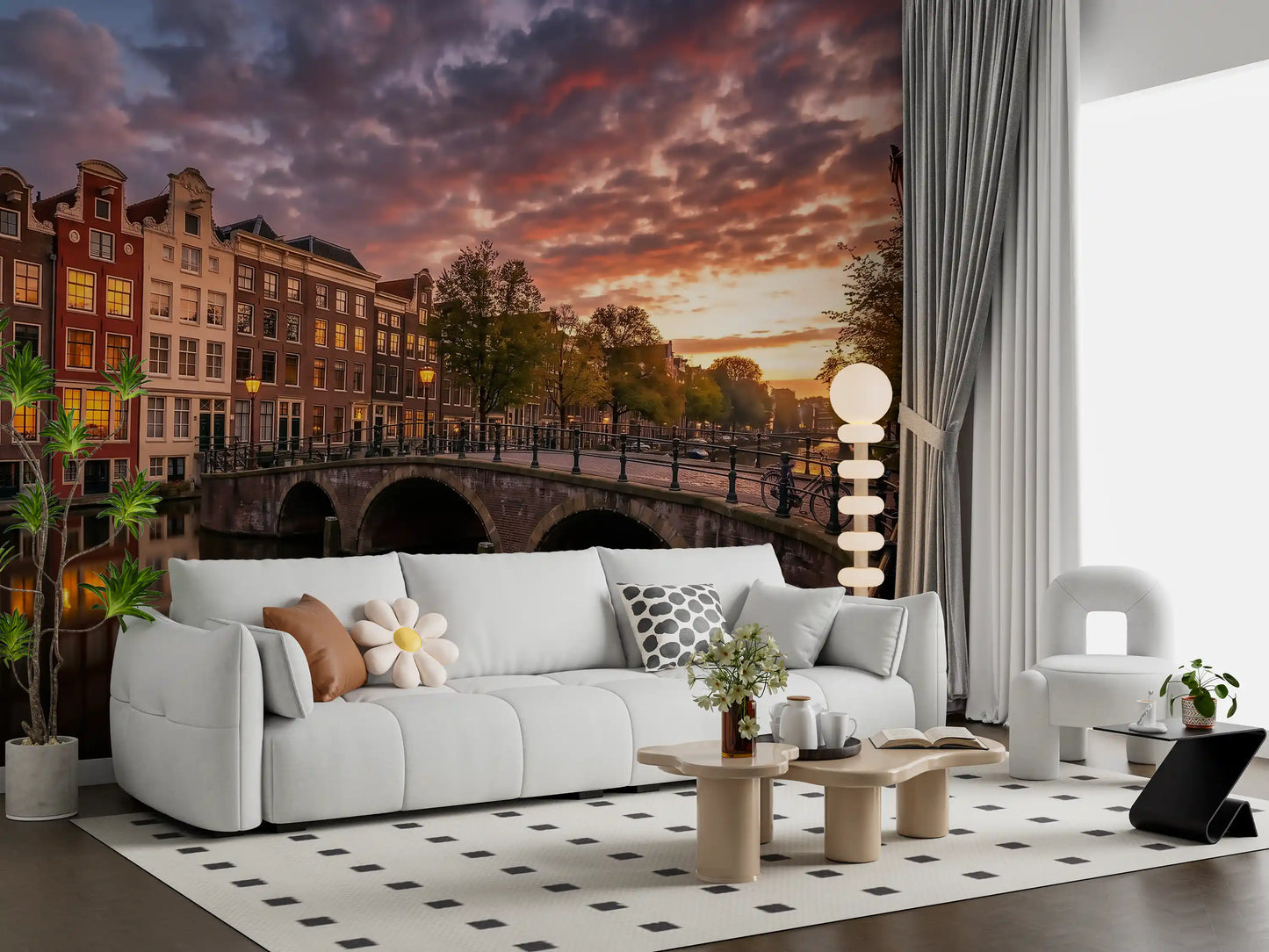 European Canal wall mural for a living area featuring a brick house print.