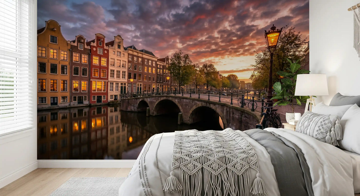 Historic building and golden sunset wall mural for a bright bedroom.