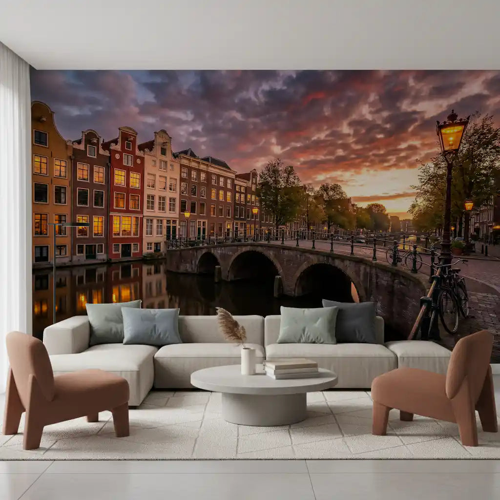 Golden sky city wall mural applied to a modern seating area background.
