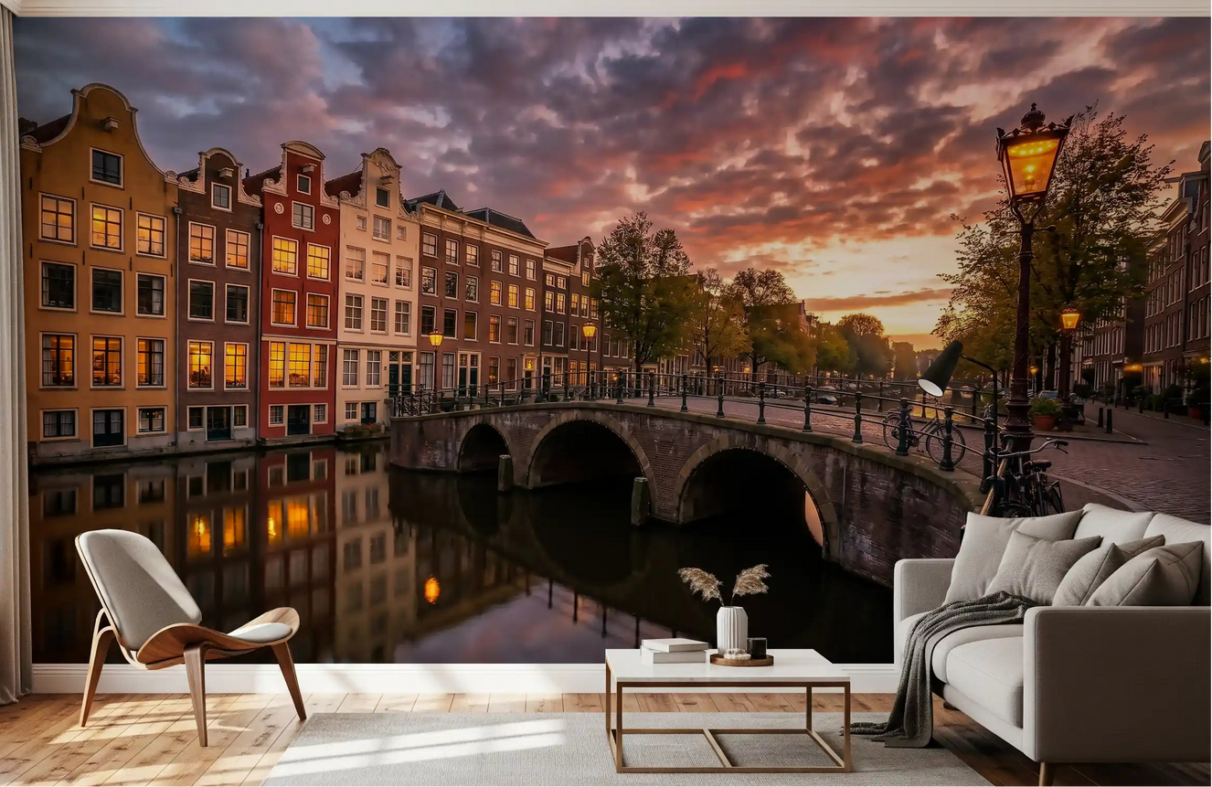 Golden Hour Amsterdam Canal Wall Mural for modern living room backdrop.