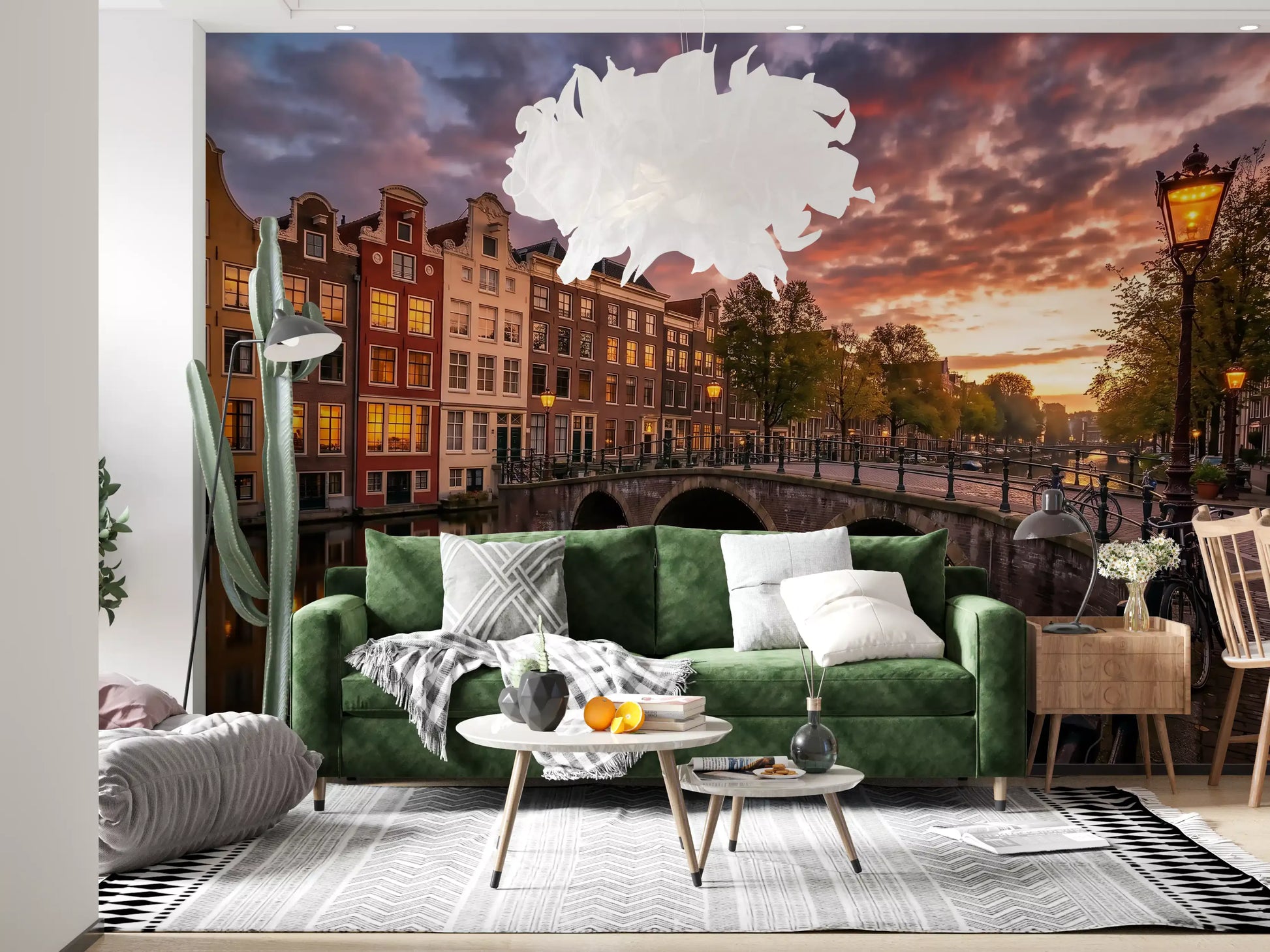 Water reflection canal wall mural in warm orange and dark blue colors.