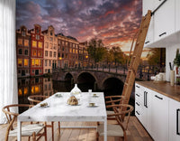 Classic Amsterdam wall mural displaying sunset clouds for kitchen.