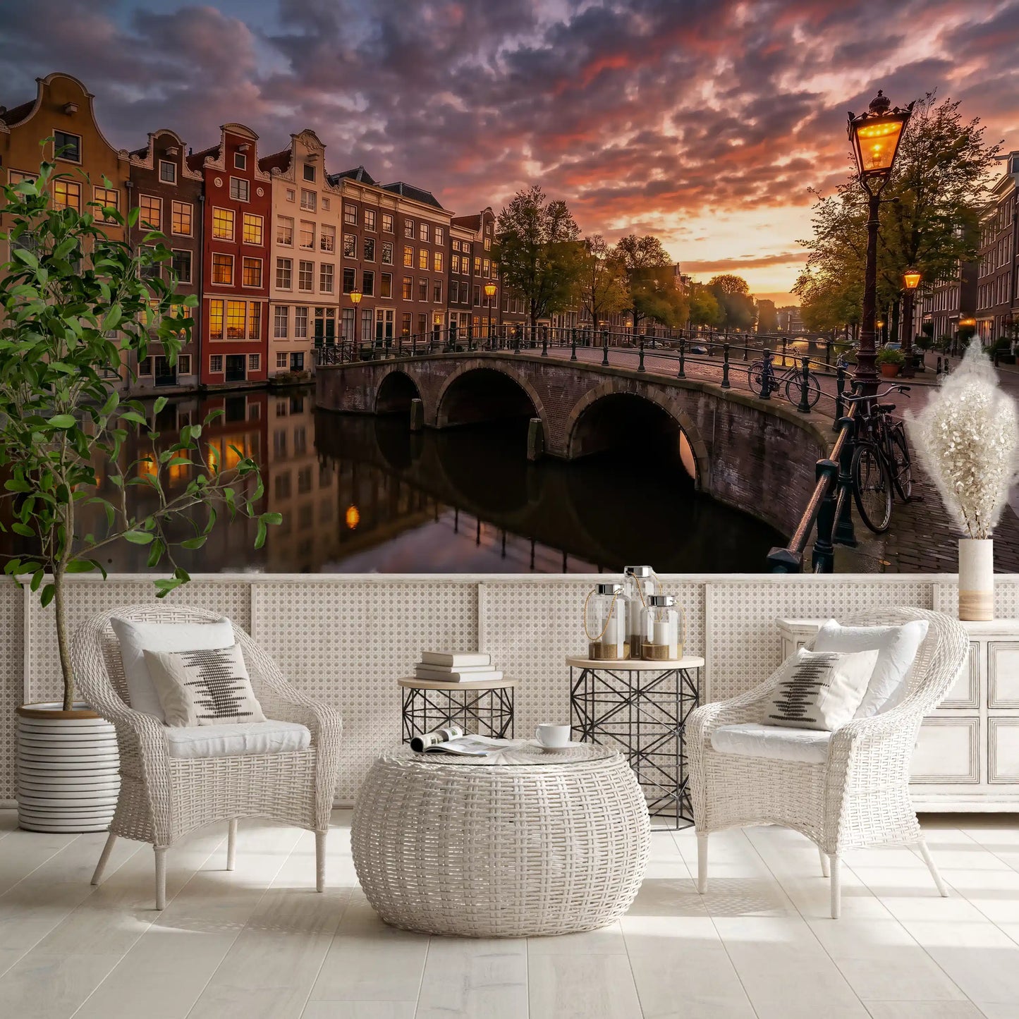 Evening hour skyline wall mural with an arched bridge for a reading area.