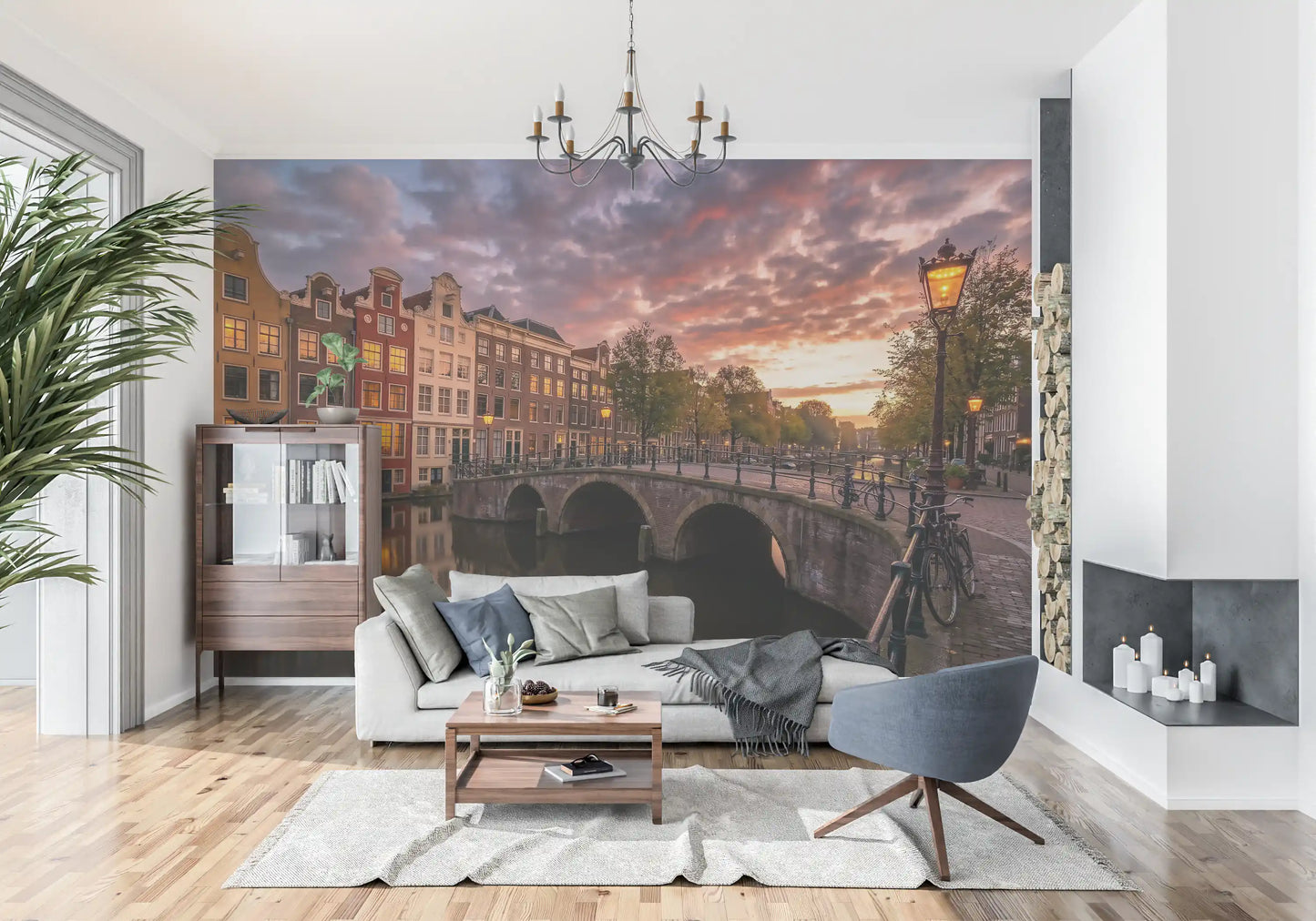 Hallway feature design with the Golden Hour Amsterdam Canal Wall Mural.