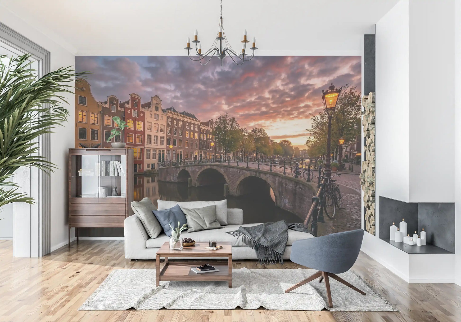 Hallway feature design with the Golden Hour Amsterdam Canal Wall Mural.