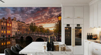 Golden Hour Amsterdam Canal Wall Mural showing orange and blue colors.