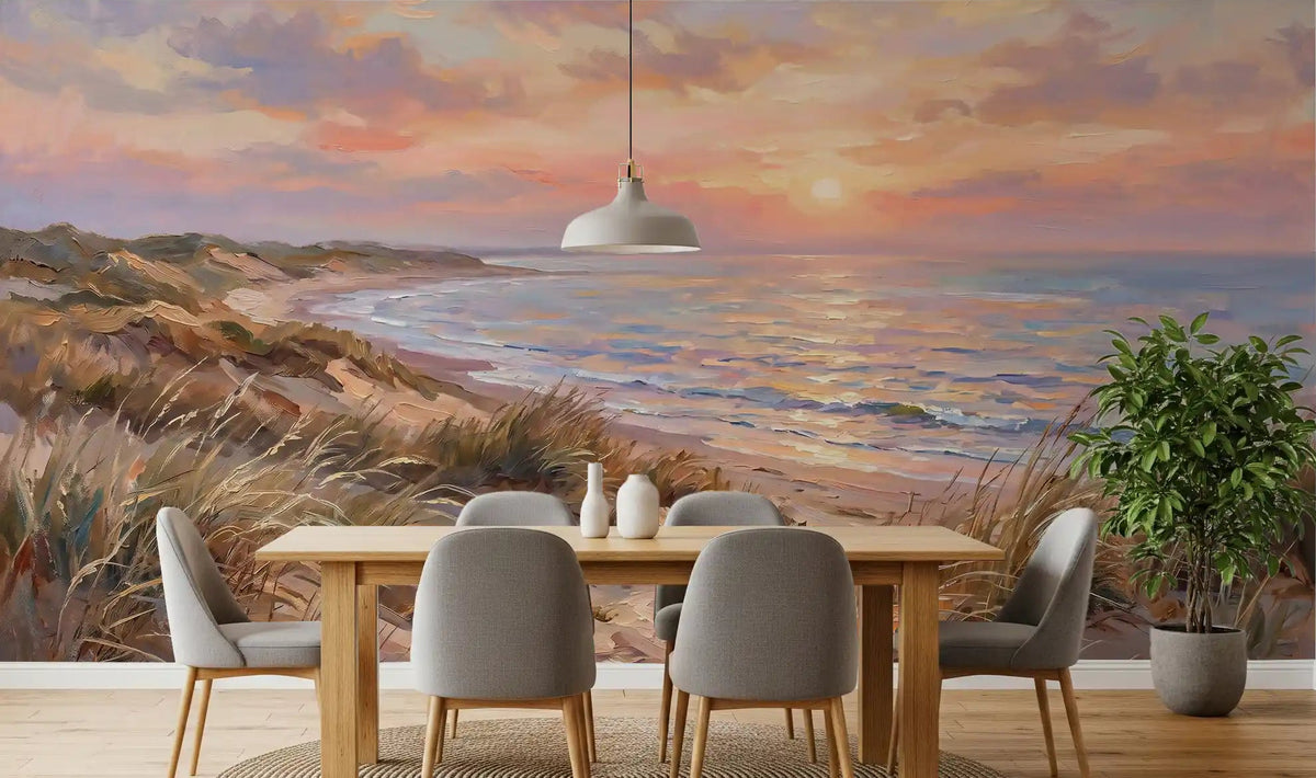 Ocean landscape wall mural with painted sunset dunes in pink for dining room, GD9890