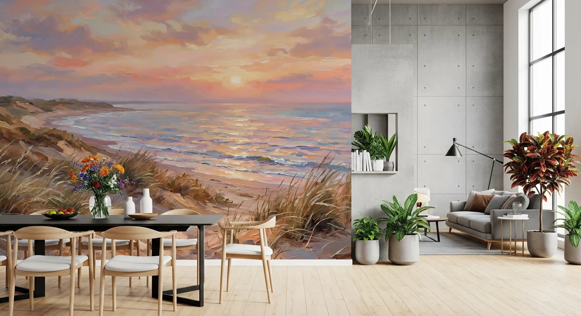 Beach Serenity wall mural showing green grass and pink clouds for dining area.