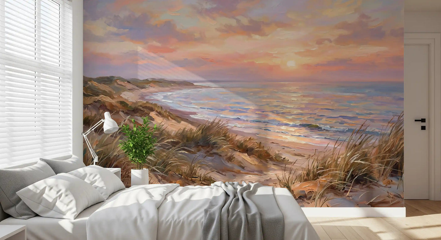 Painted beach wall mural showing Golden sunlight and blue ocean waves.