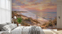 Painted beach wall mural showing Golden sunlight and blue ocean waves.