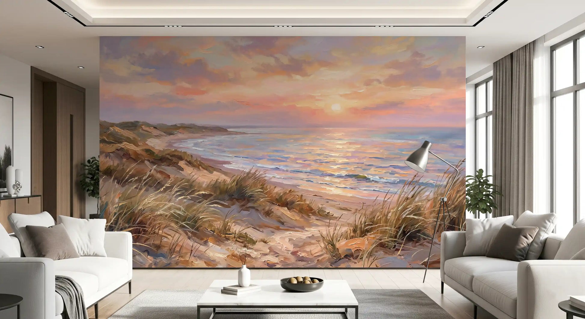 Coastal Dune wall mural with tall grass and pastel pink art for living room.