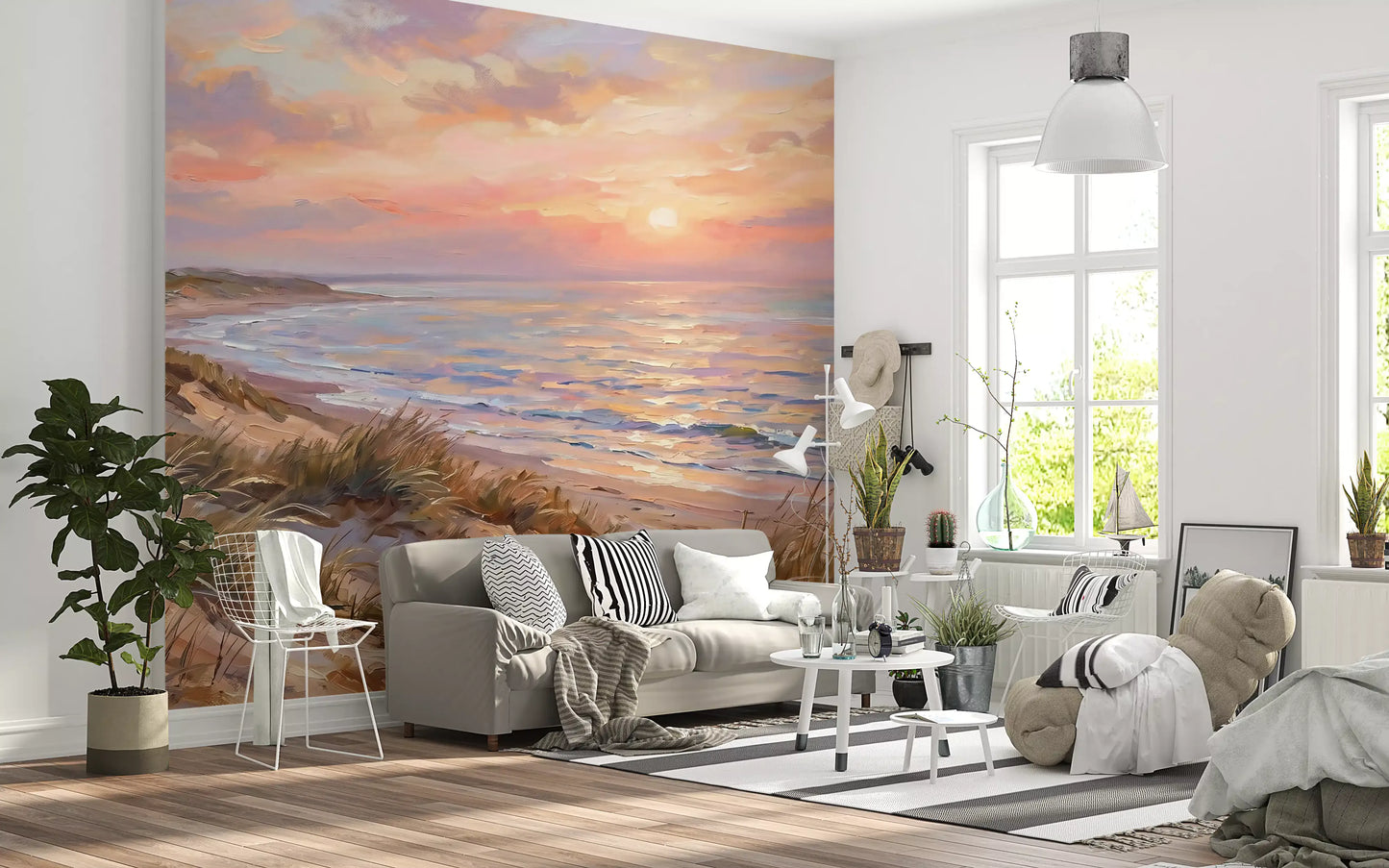 Sea dunes wall mural with painted pastel ocean and pink sunset.