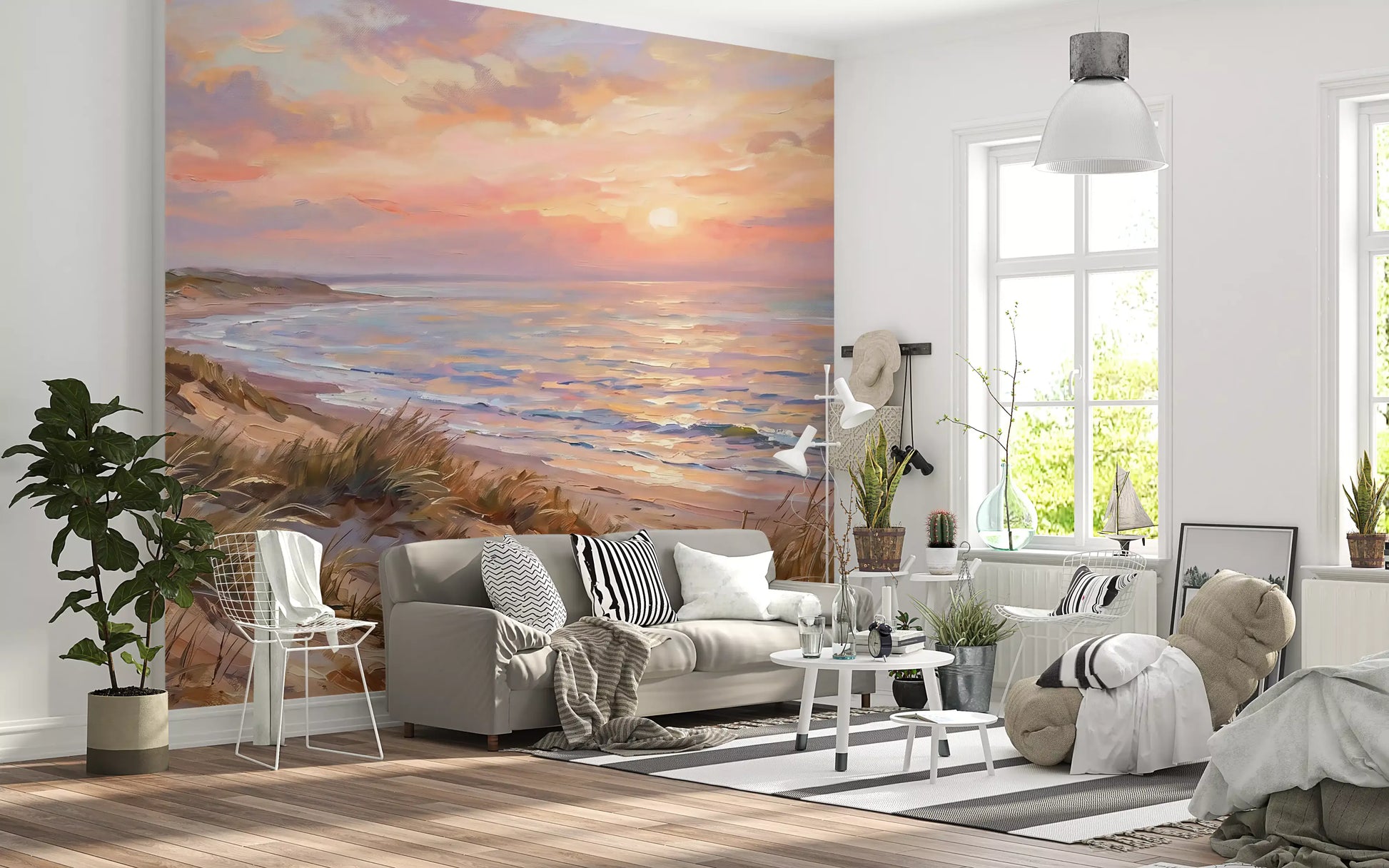 Sea dunes wall mural with painted pastel ocean and pink sunset.