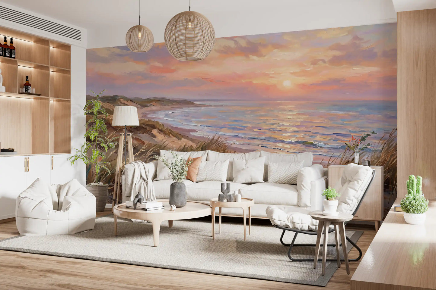 Dune Serenity at Golden Hour Wall Mural in painted blue style for living room.