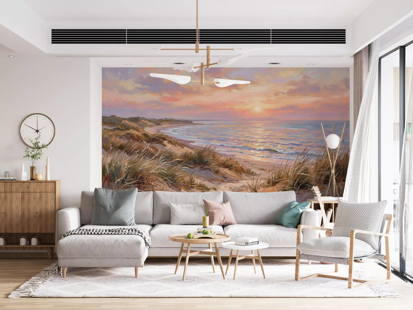 Dune Serenity at Golden Hour Wall Mural featuring pink coastal art for lounge