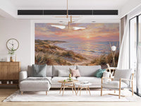 Dune Serenity at Golden Hour Wall Mural featuring pink coastal art for lounge