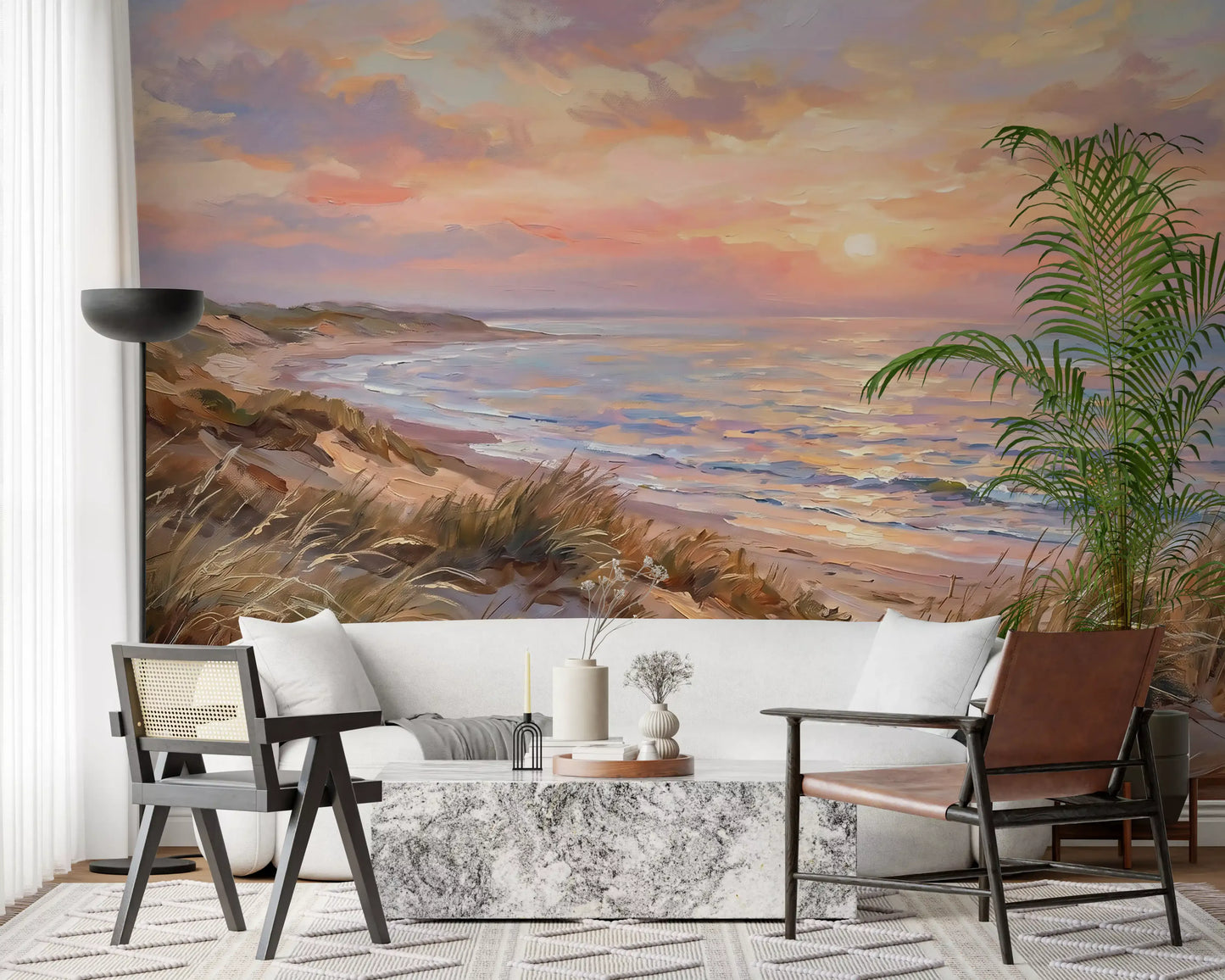 Painted style coastal wall mural with Golden sunset over blue sea.