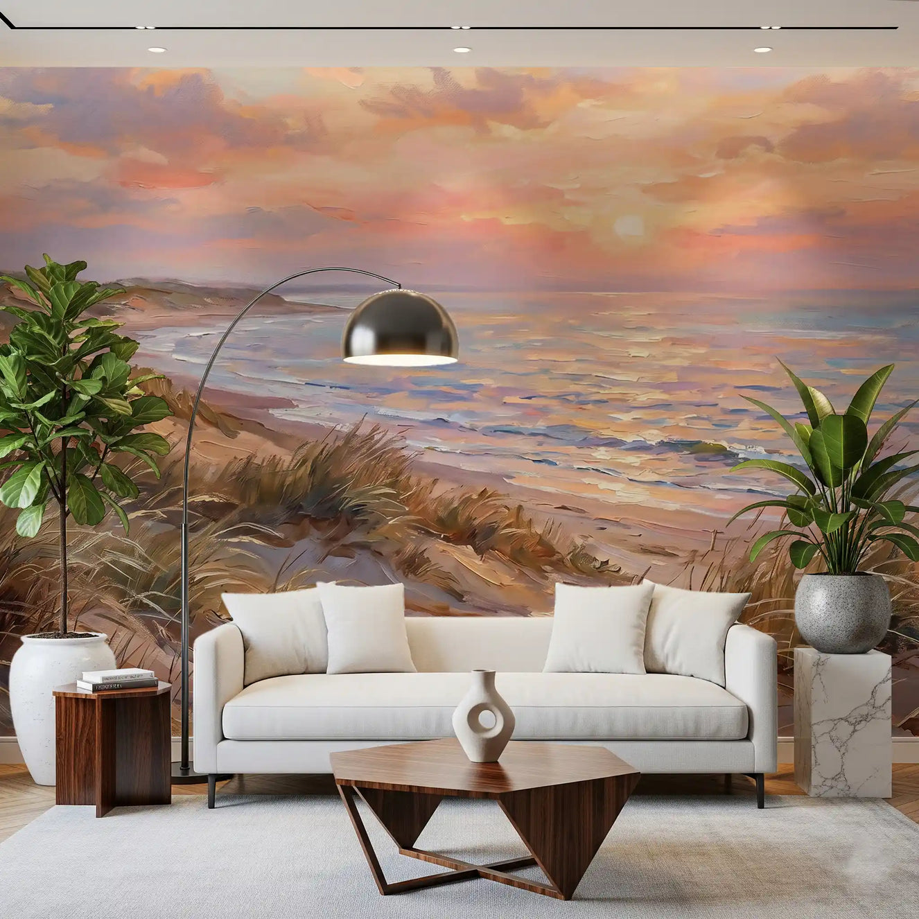 Dune Serenity at Golden Hour Wall Mural with pink painted sunset for living room