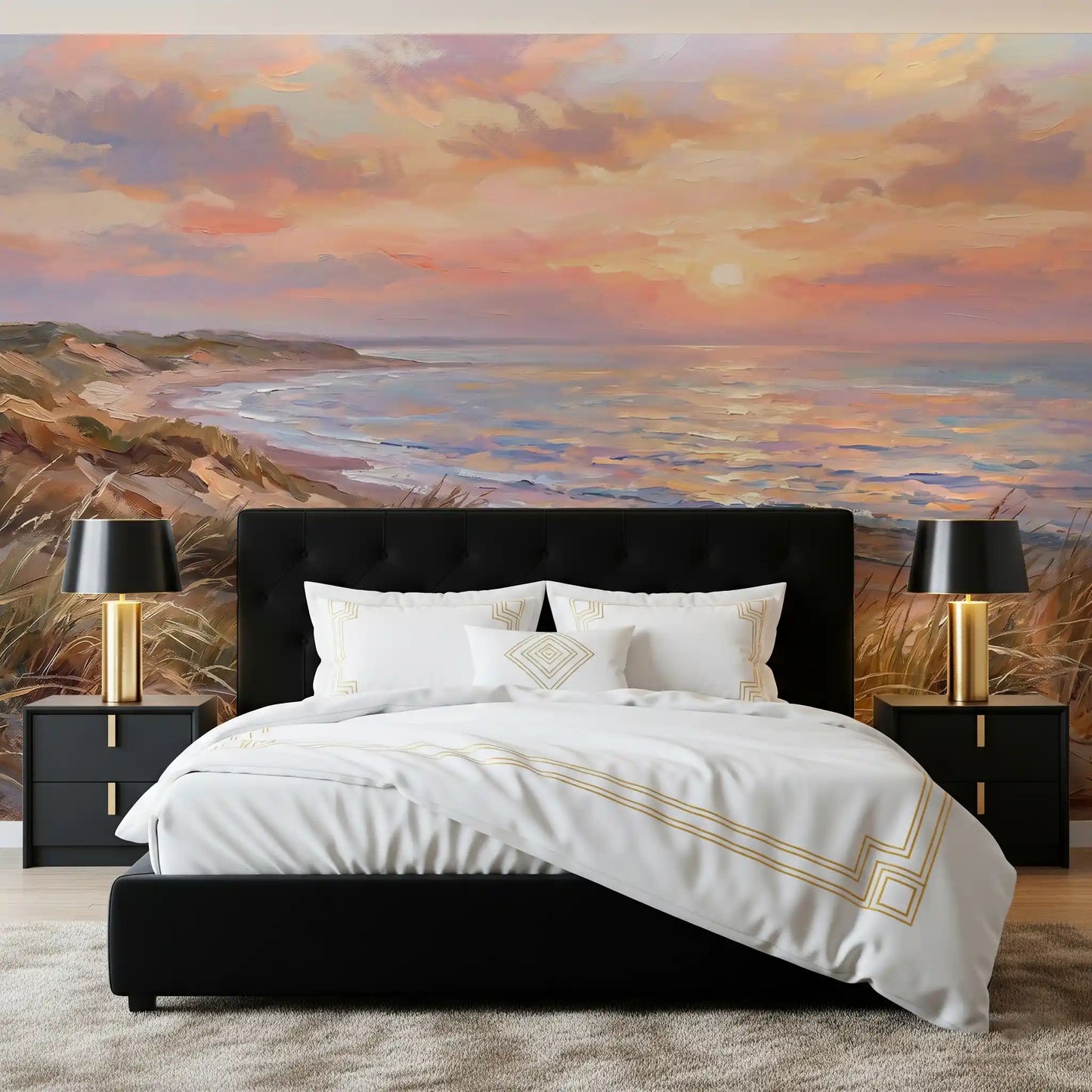 Pastel pink and blue Serenity wall mural with sandy beach art for modern bedroom.