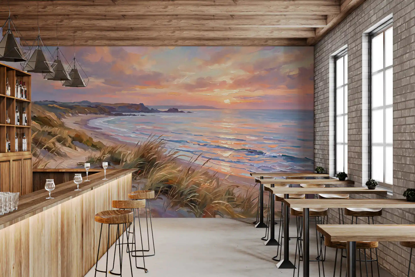 Golden Hour Coastal Escape Wall Mural showing ocean waves for bar interiors.