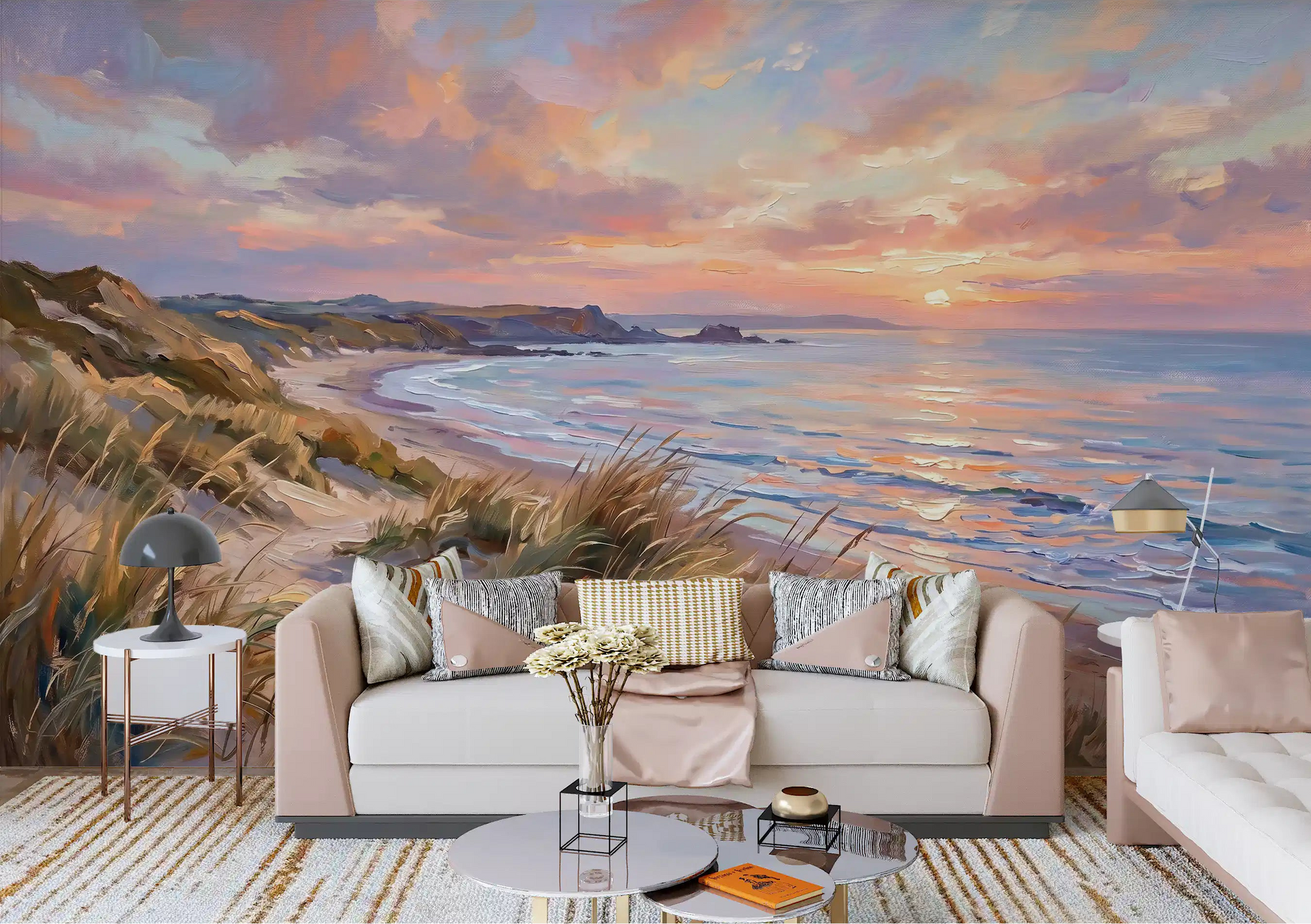 Golden Hour Coastal Escape Wall Mural with pink sunset for living room