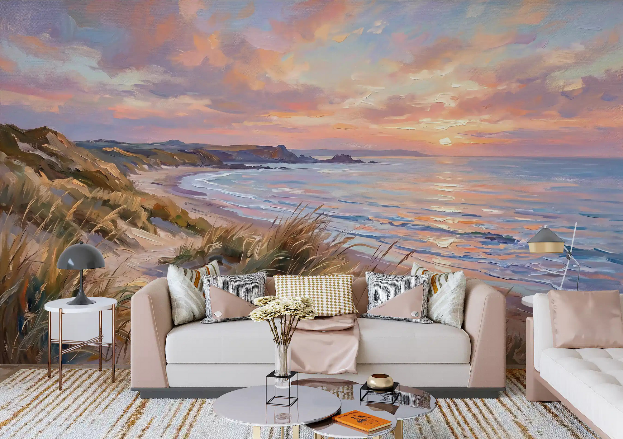 Golden Hour Coastal Escape Wall Mural with pink sunset for living room, GD9891