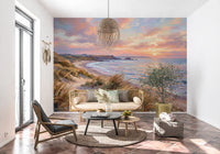 Golden sunset beach wall mural with pastel pink and blue for entryway.