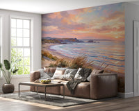 Beach escape wall mural showing sea waves and grassy dunes.