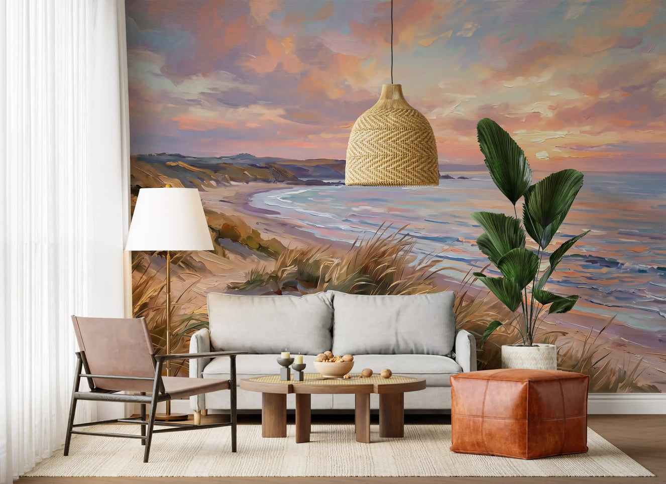 Painted beach landscape Golden Hour Coastal Escape Wall Mural for hallway.
