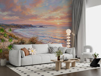 Golden painting style ocean wall mural with blue water for hallway.