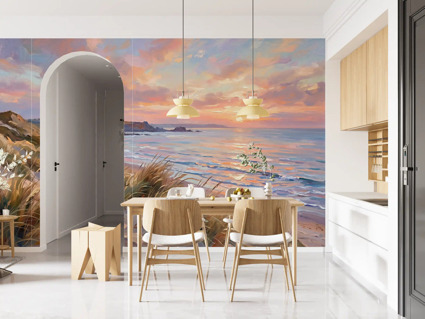 Coastal wall mural featuring sandy beach and pink sky for dining area.