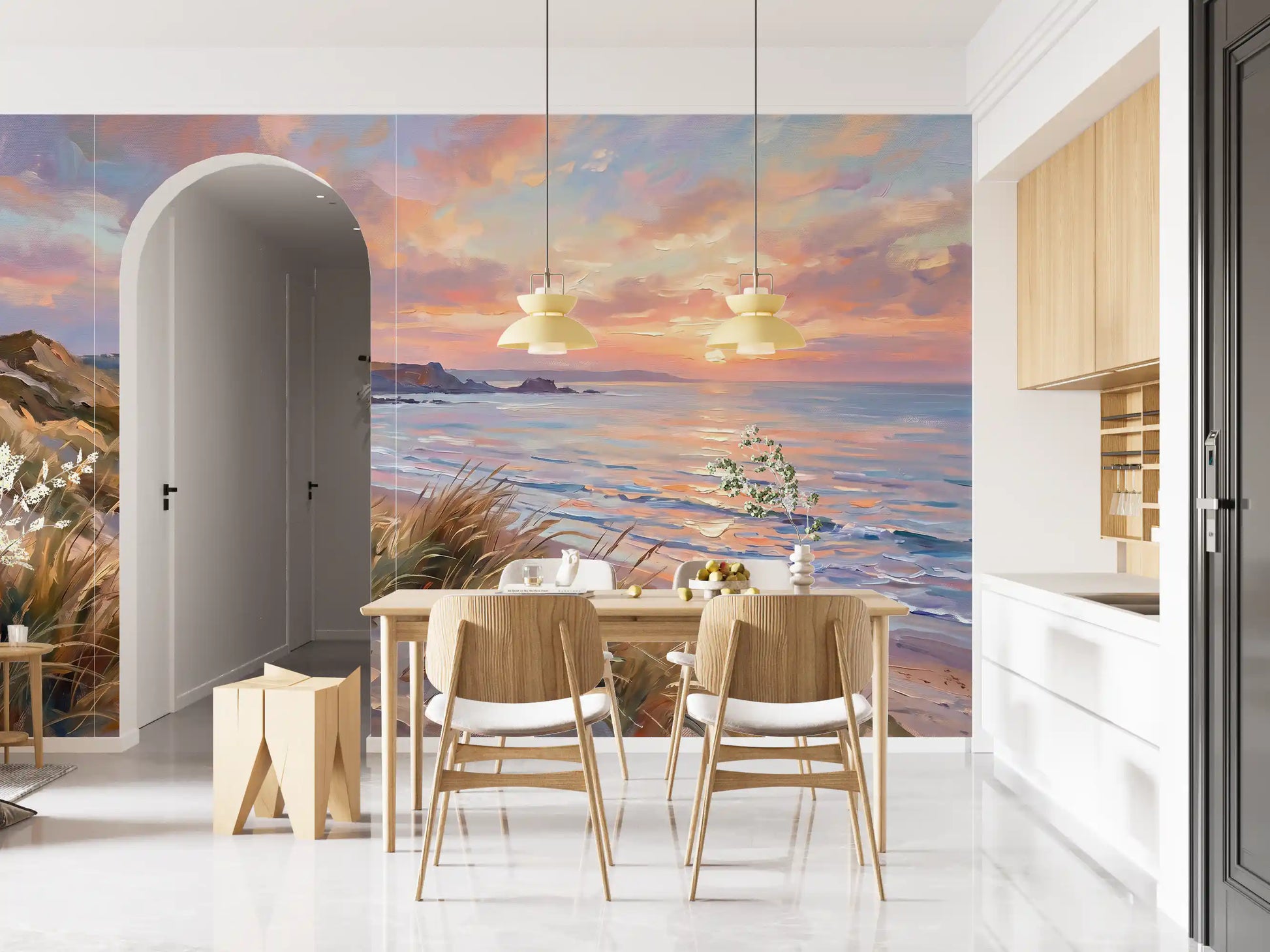 Coastal wall mural featuring sandy beach and pink sky for dining area.