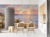 Coastal wall mural featuring sandy beach and pink sky for dining area.