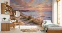 Ocean escape wall mural with warm orange and purple hues. 