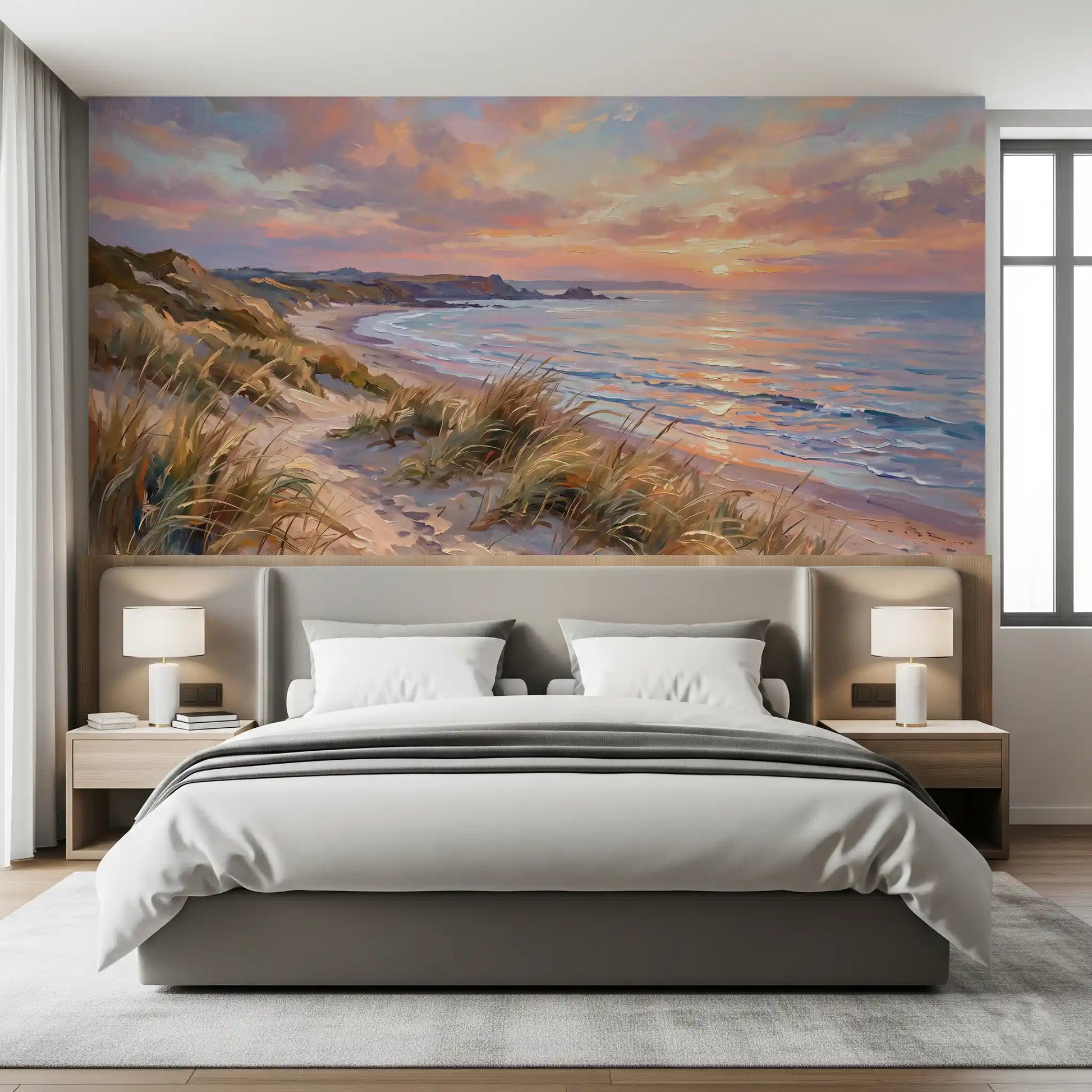 Golden Hour Coastal Escape Wall Mural with grass dunes for modern bedroom.