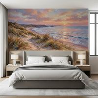 Golden Hour Coastal Escape Wall Mural with grass dunes for modern bedroom.