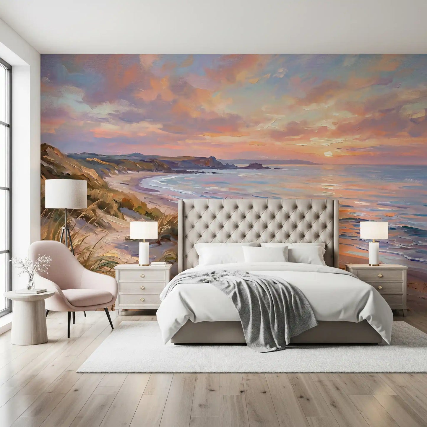 Painted coastal wall mural with sunset colors for bedroom spaces.