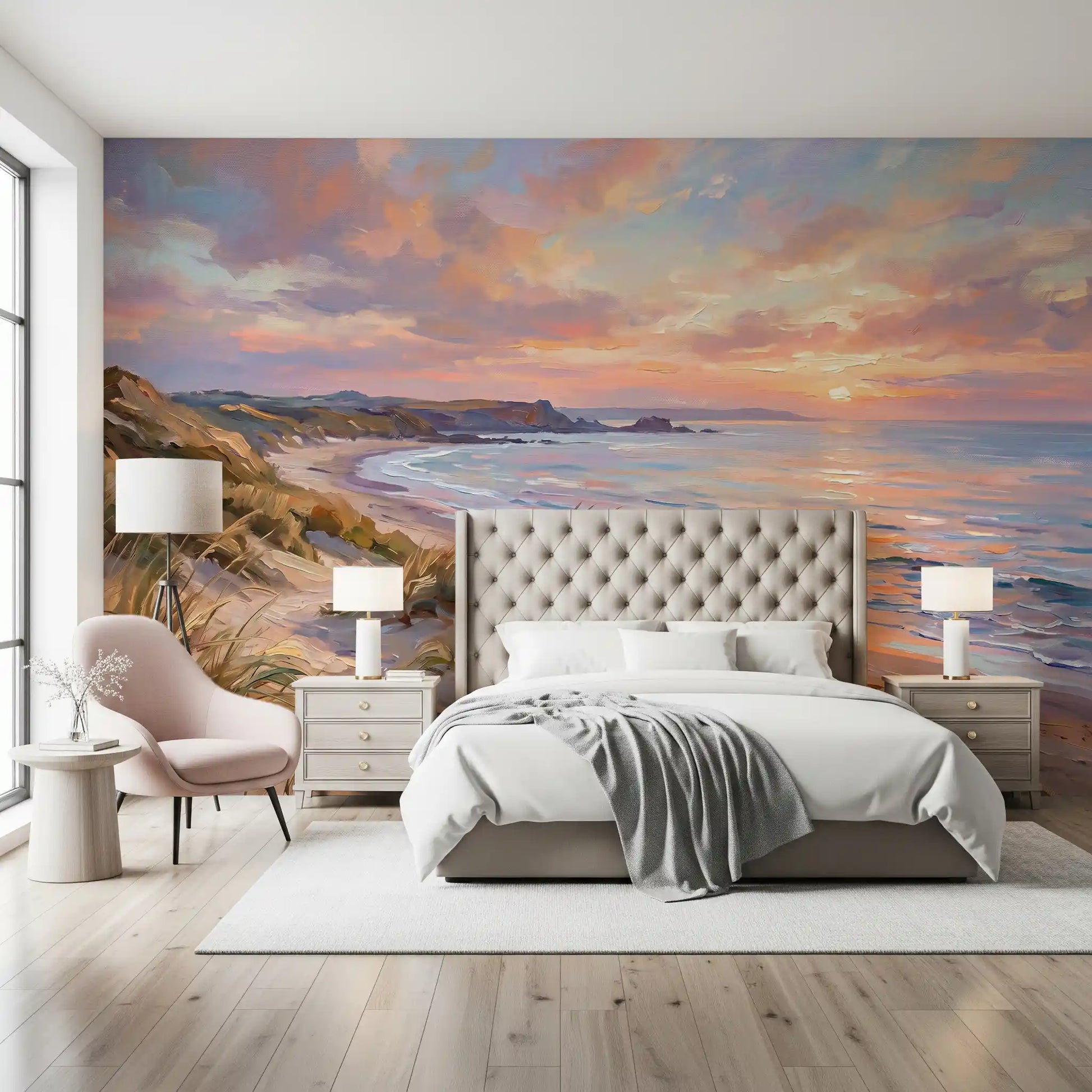 Painted coastal wall mural with sunset colors for bedroom spaces.