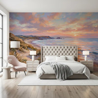 Painted coastal wall mural with sunset colors for bedroom spaces.