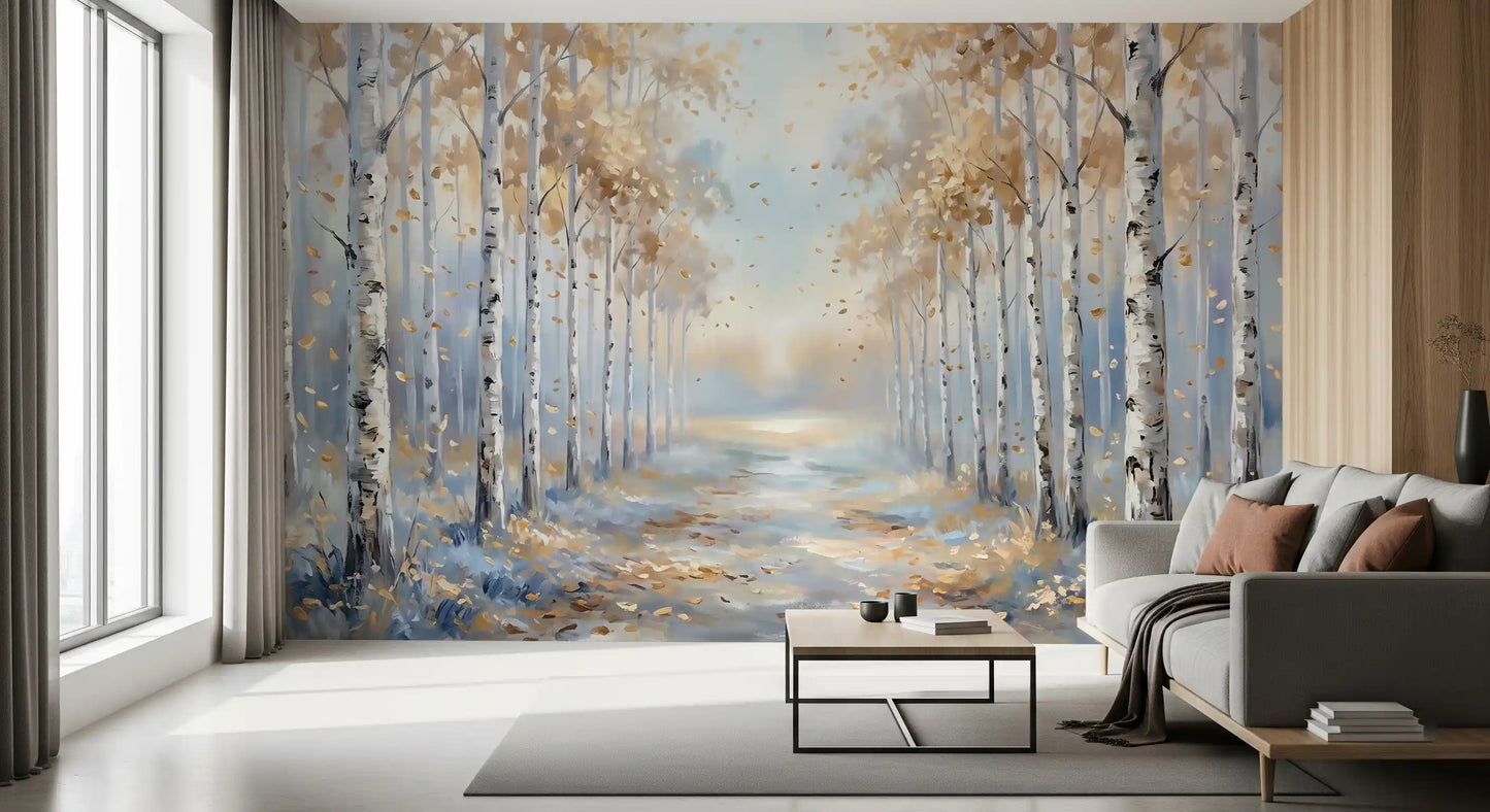 Golden Birch Path Wall Mural showcasing autumn trees for living room.