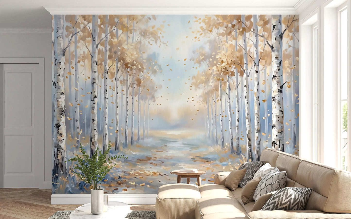 Forest path wall mural featuring yellow foliage and white tree trunks.