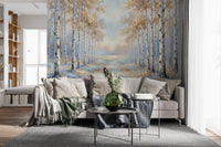 Golden Birch Path Wall Mural depicting nature trail for hallway decor.