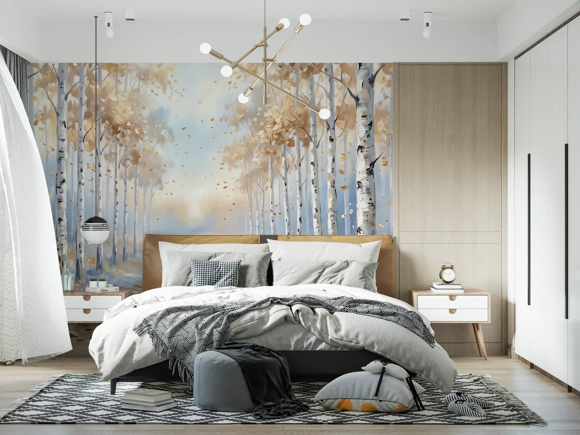 Birch tree forest nature wall mural featuring soft blue and yellow hues.