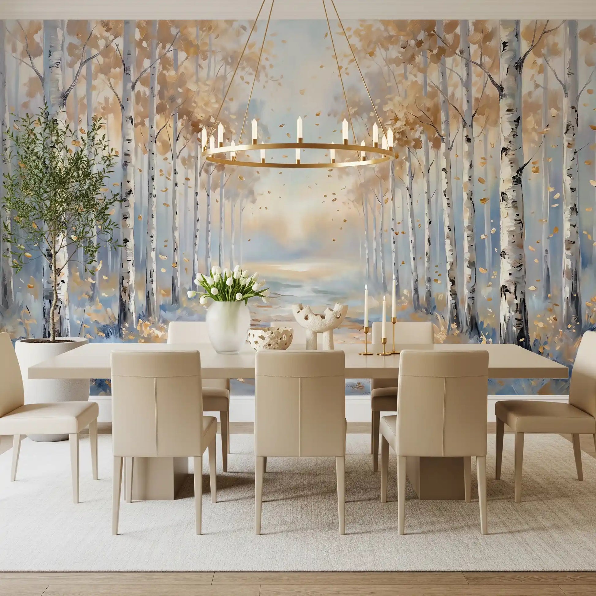 Golden tree painting wall mural with light blue background for dining area.