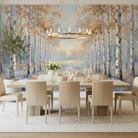 Golden tree painting wall mural with light blue background for dining area.