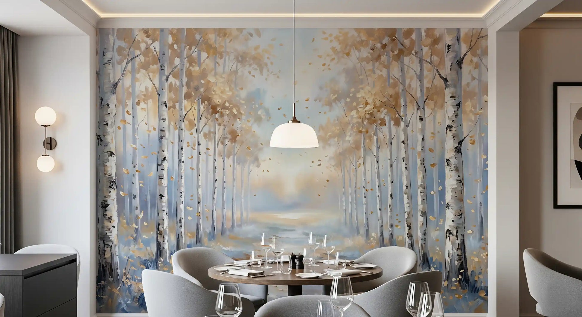 Golden Birch Path Mural with falling leaves for the feature interior walls. 
