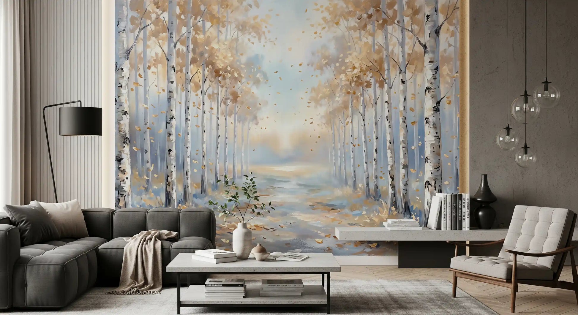 Hand painted style autumn woodland path wall mural for living room interior.