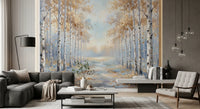 Hand painted style autumn woodland path wall mural for living room interior.