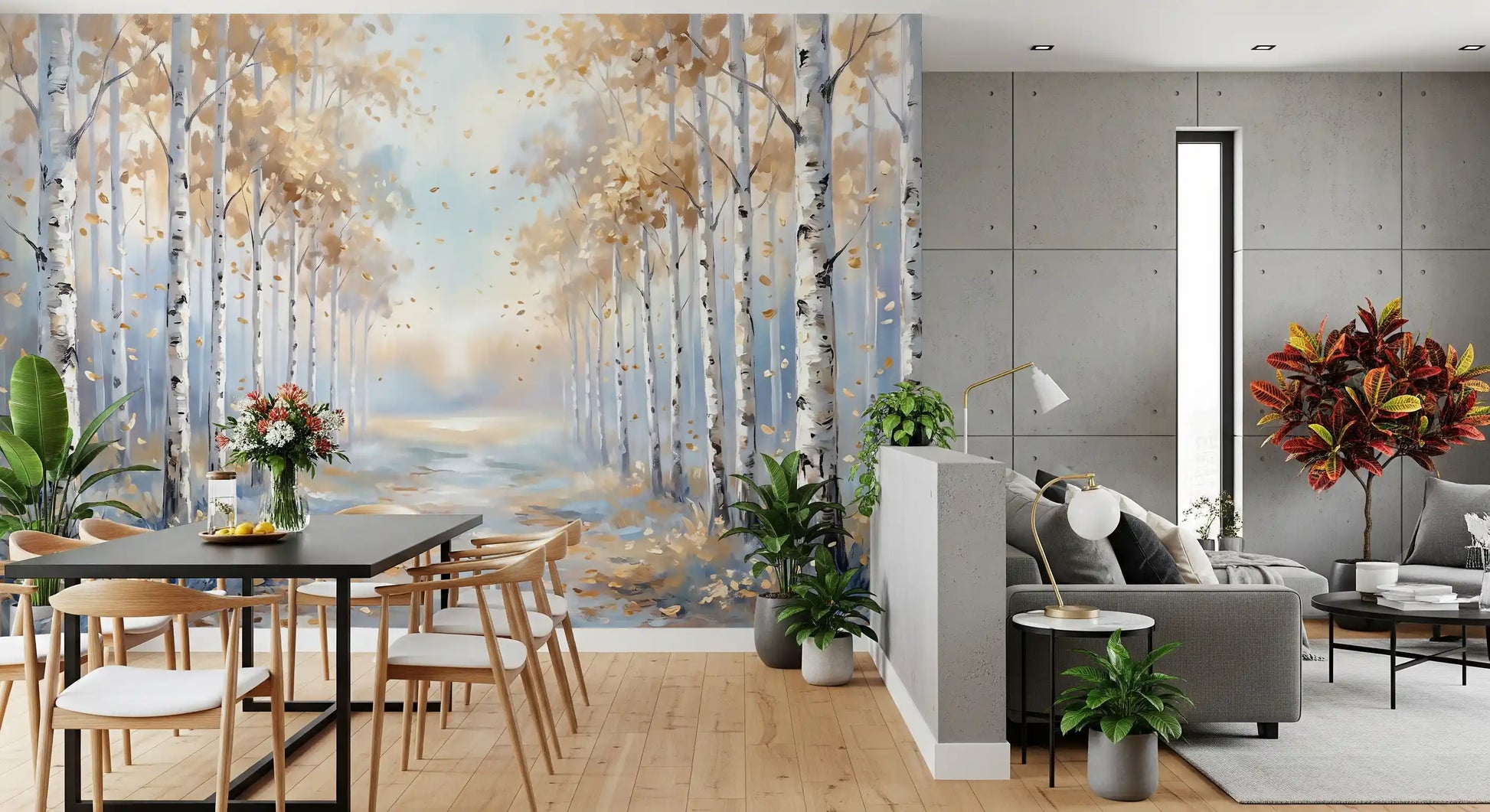 Painted autumn trail wall mural showing nature path through bright trees.